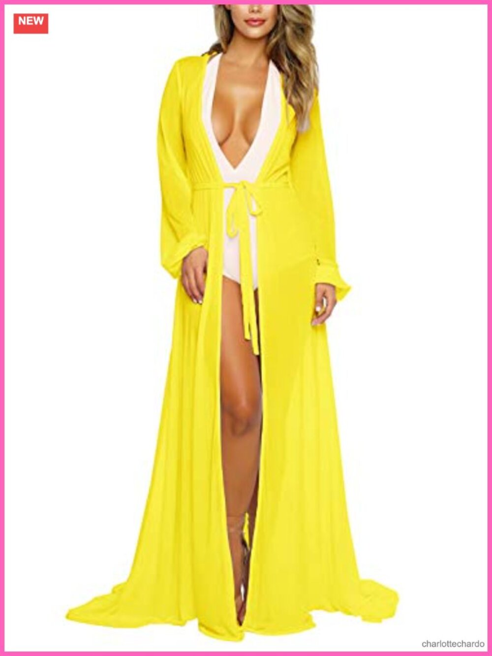 Long Sleeve Flowy Maxi Swimsuit Tie Front Robe Cover Up Sheer Mesh